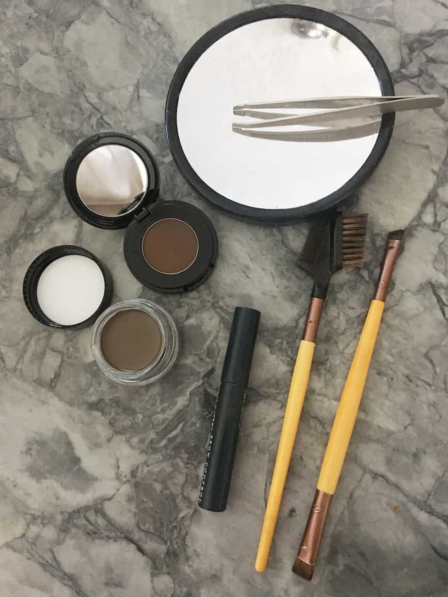 The supplies needed to shape and fill your eyebrows.