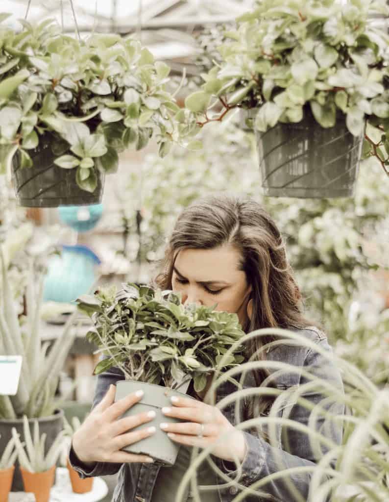 Woman smelling house plant.