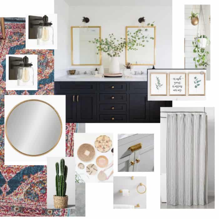 Bathroom vision board with black vanity and gold fixtures.