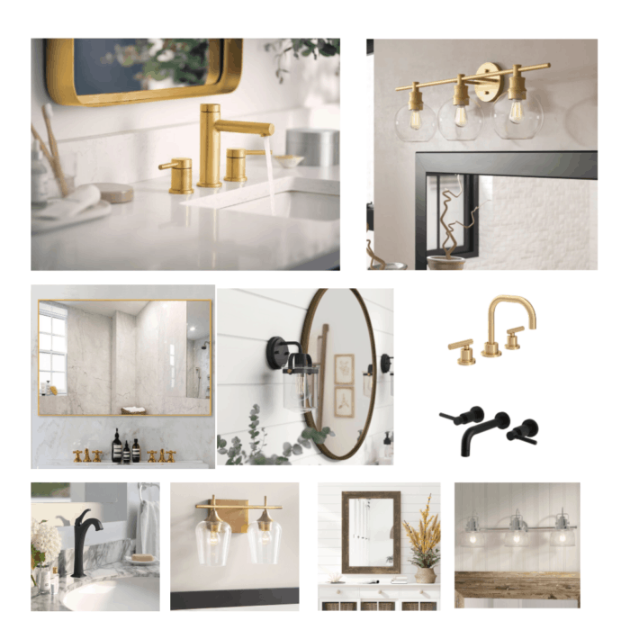 Gold faucets, black mirrors, and silver light fixtures in a compilation.