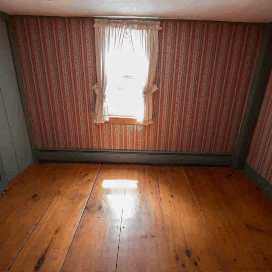 Red wallpaper and wide plank flooring  and nothing else in the room.