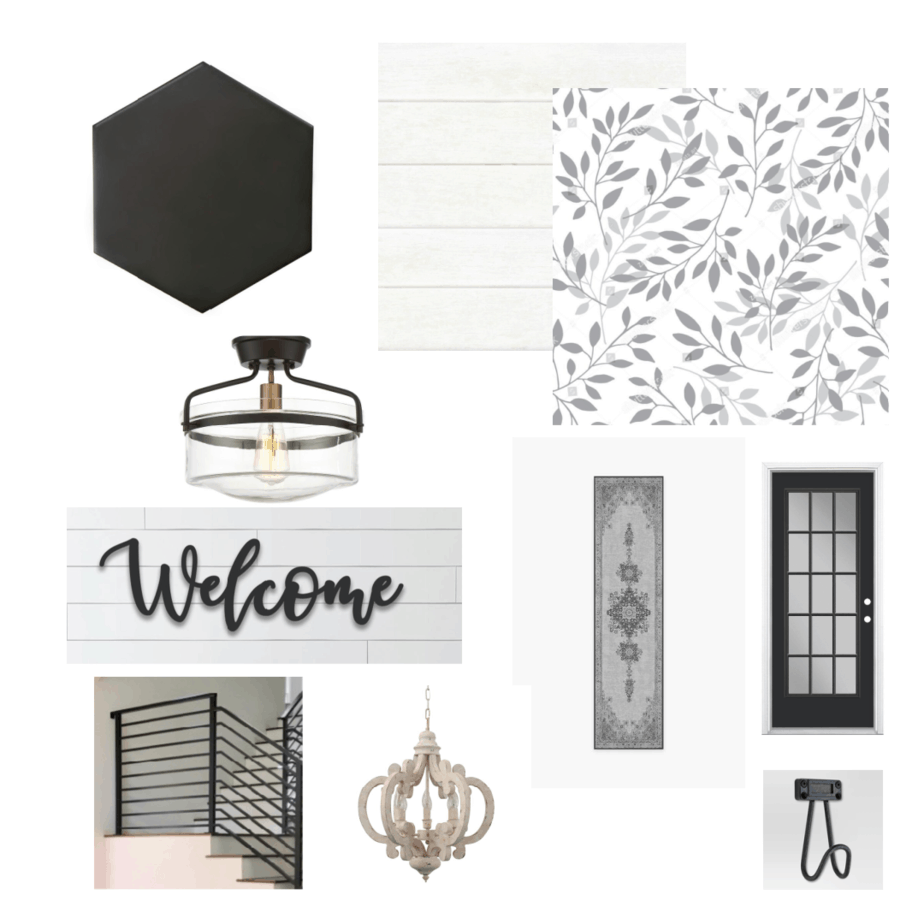 design board with leaf wallpaper to black hexagon tile and shiplap walls 
