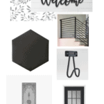 farmhouse enryway design. black hexagon tile, metal stairway, and leaf wallpaper