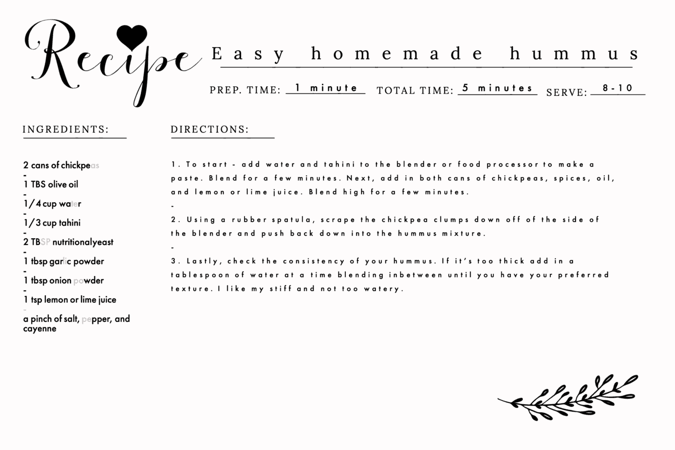 hummus recipe card