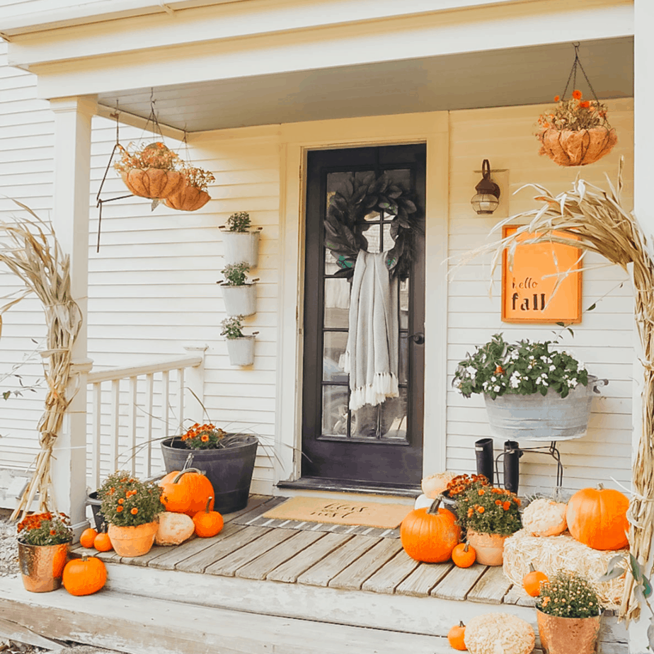 Fall front porch decorating – farmhouse style!