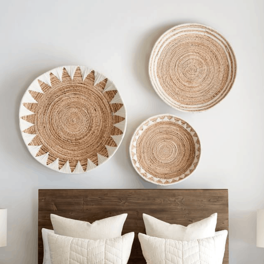 woven basket wall with three baskets 