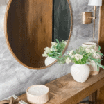 Easy Entryway styling, gold round mirror with table top decor with vases and candle