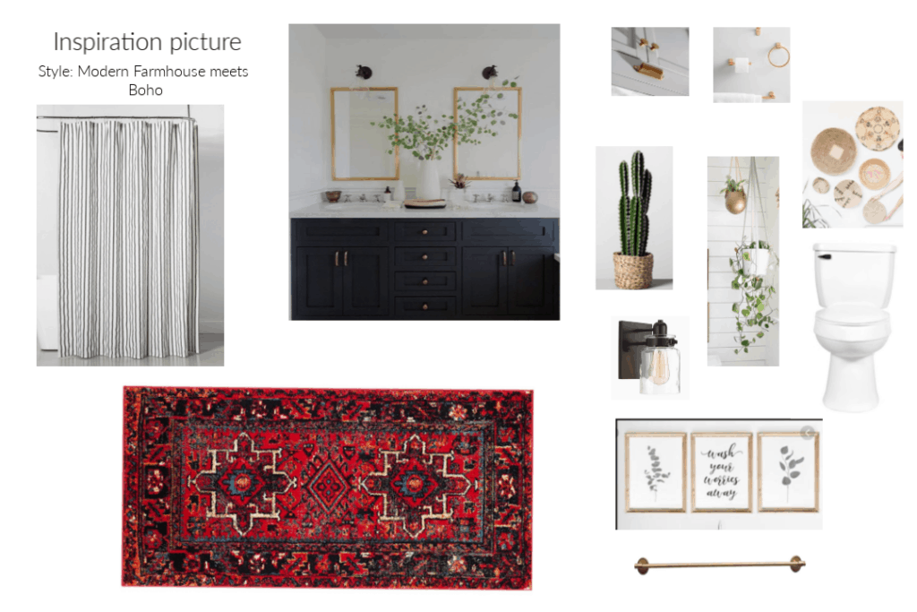 design board with red rug, blue bathroom vanity, and a stripped shower Curtin