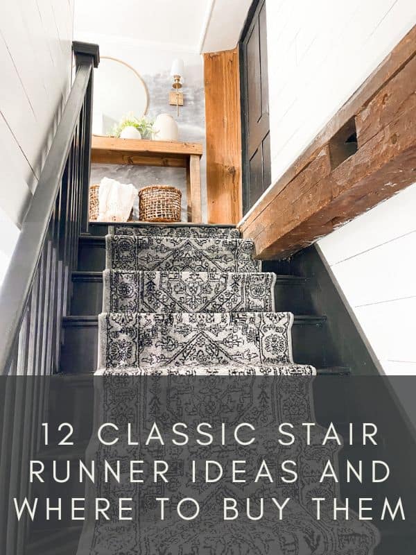 stair runner on black stair case and text over image. 