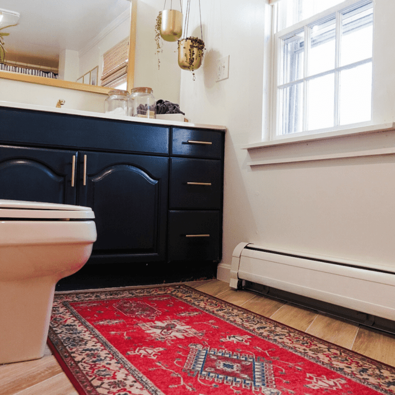 Bathroom white Alabaster color on walls with blue/black vanity and red boho rug.