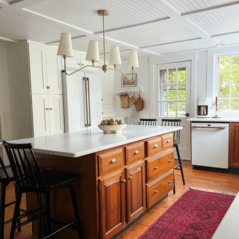 Large kitchen island made with maple cabinets and white quartz for countertops. It has an updated kitchen light fixture above the island. the light fixture is gold with 4 white shades.