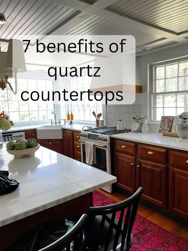 kitchen with white quartz countertops with words over the graphic.