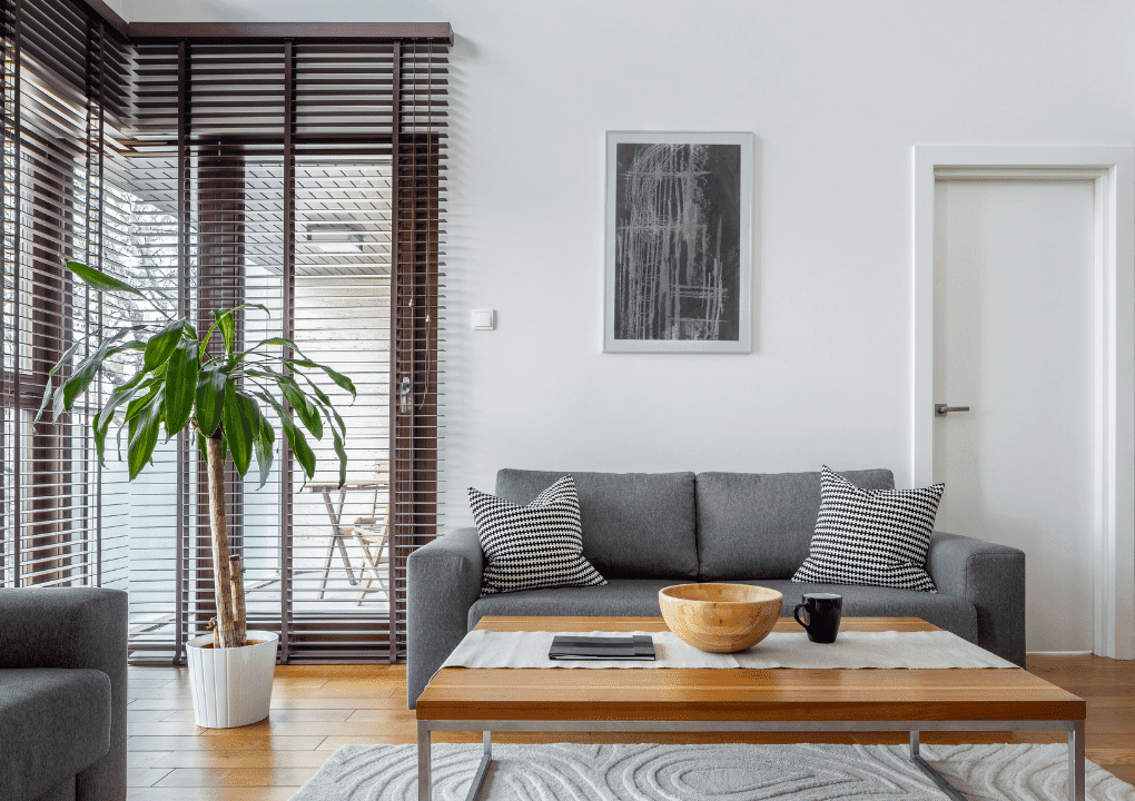 living room with gray couch and wooden blinds over windows 