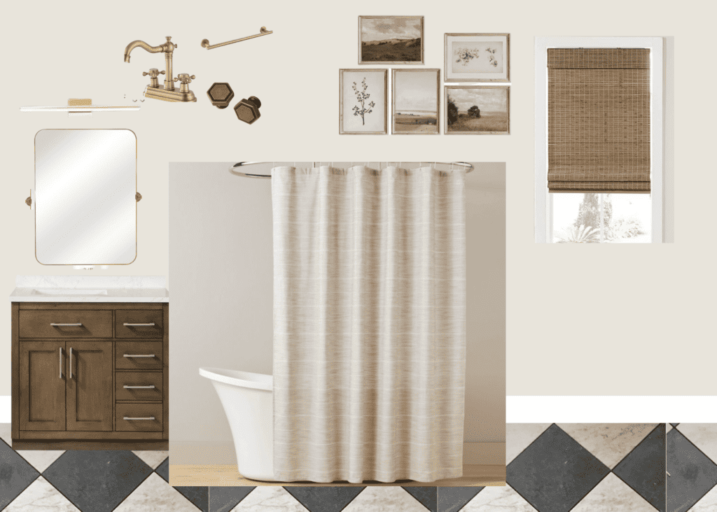 bathroom mood board for luxury bath with checkered floor and linen shower curtain